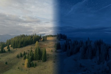 Image of Majestic mountains by day and night. Time of day change, collage