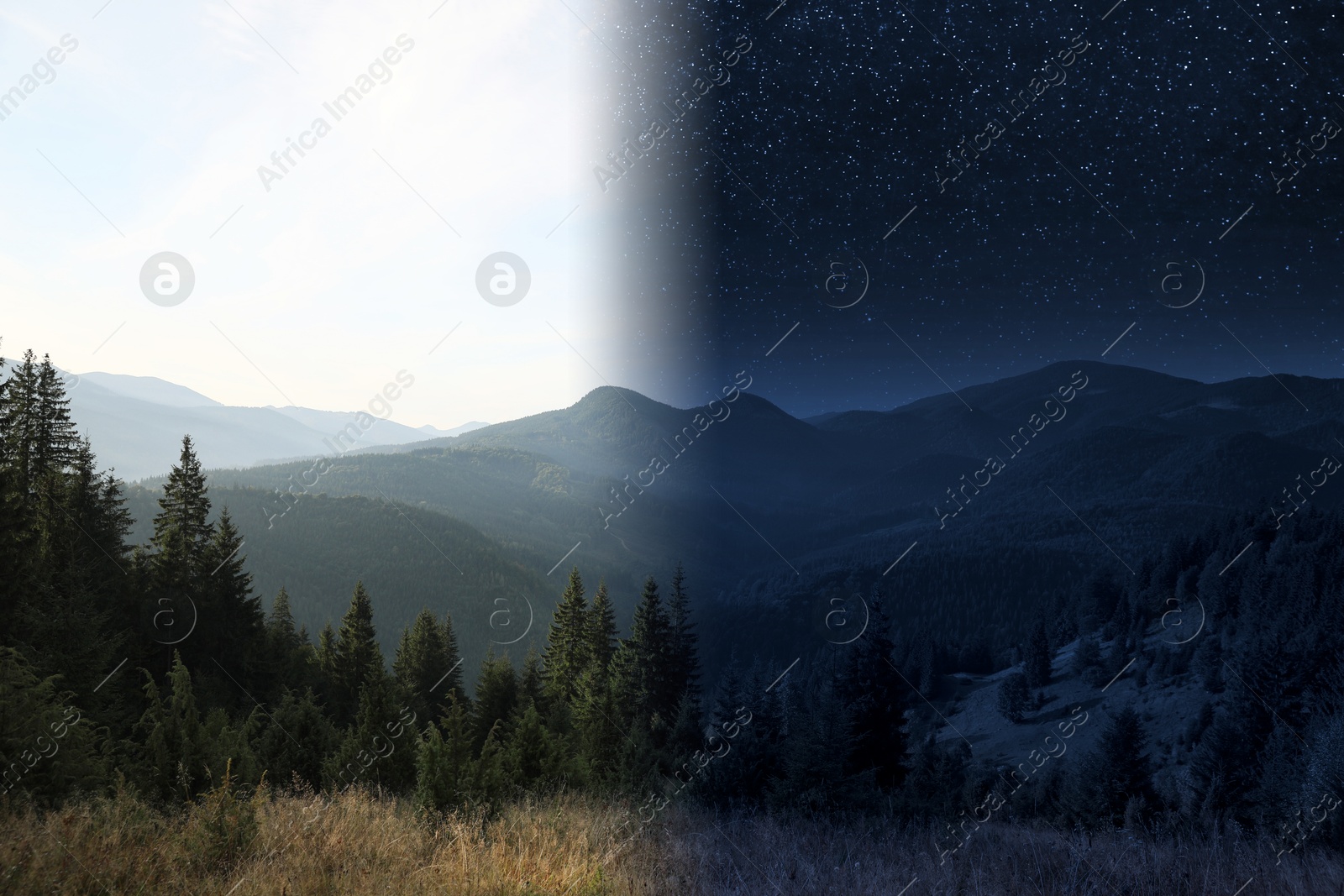 Image of Majestic mountains by day and night. Time of day change, collage