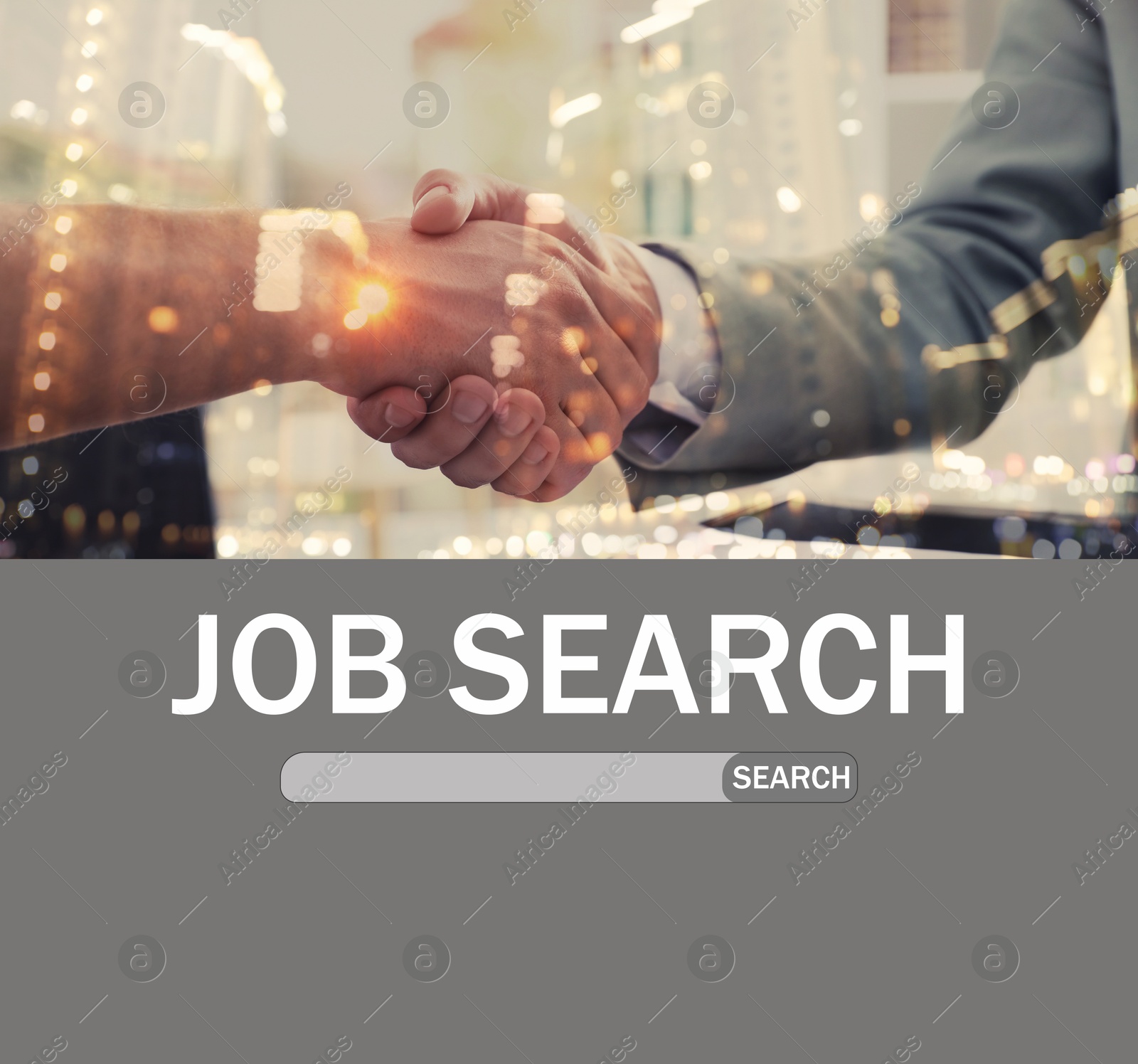 Image of Job search. Double exposure of people shaking hands and night cityscape, closeup. Poster with search bar