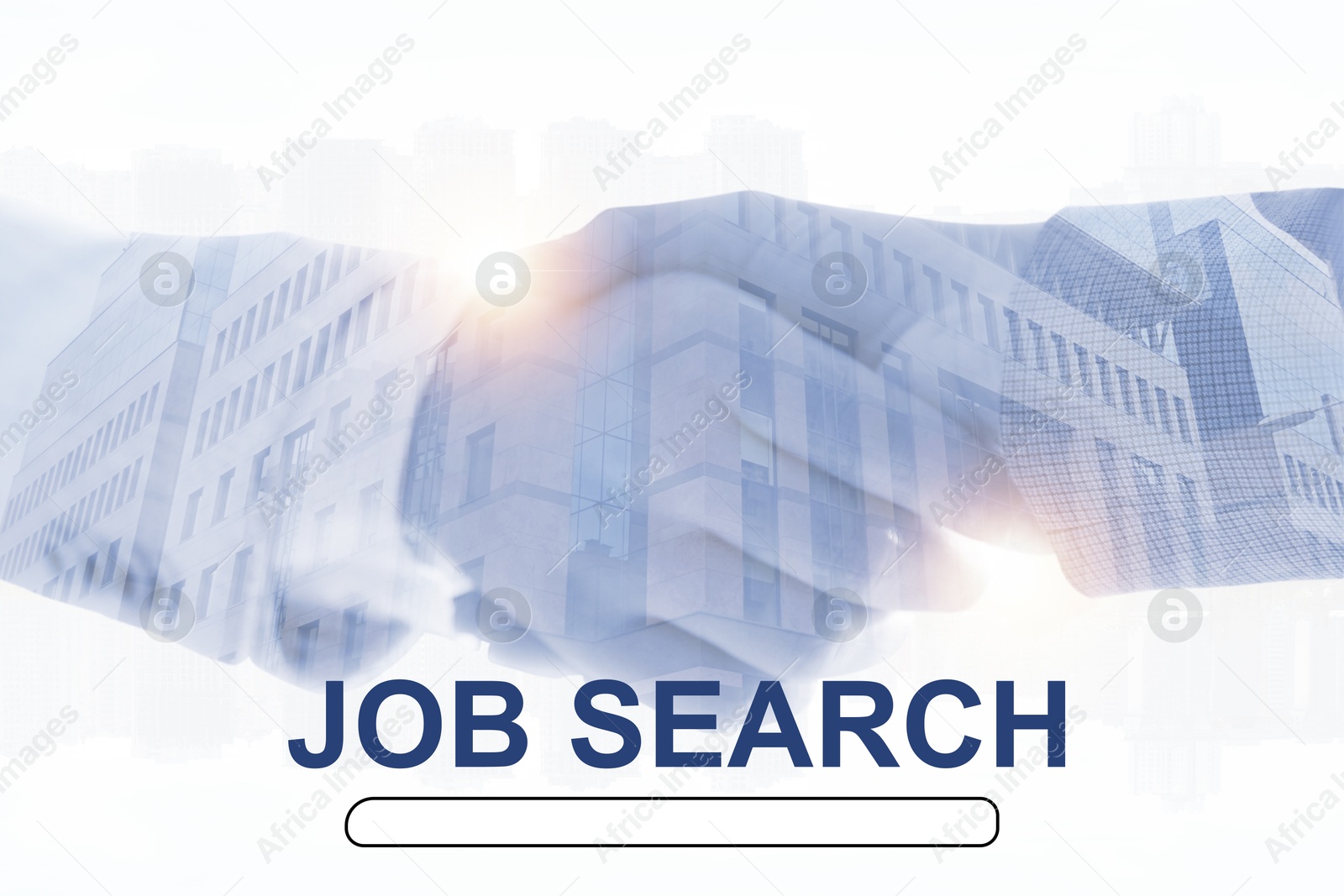 Image of Job search. Double exposure of people shaking hands and office building on white background