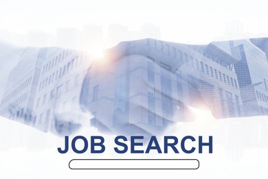 Image of Job search. Double exposure of people shaking hands and office building on white background