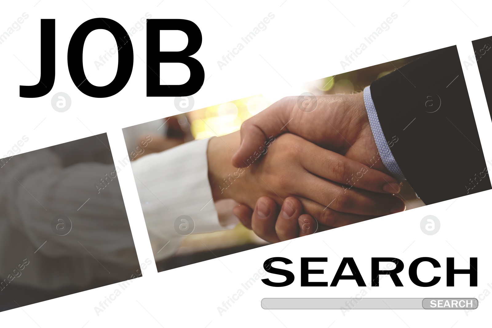 Image of Job search. Poster with people shaking hands and search bar on white background