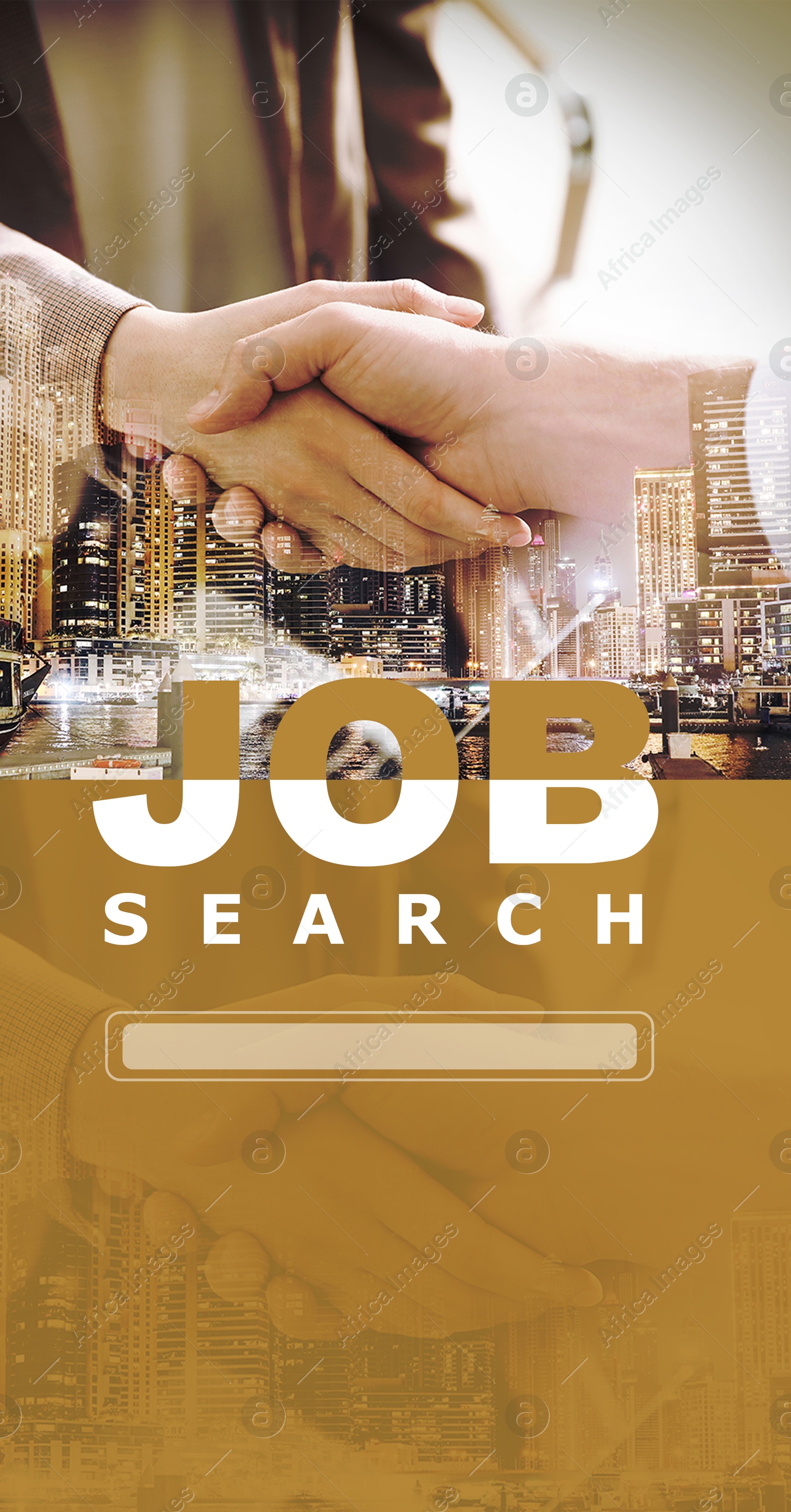 Image of Job search. Double exposure of people shaking hands and night cityscape. Vertical poster with search bar