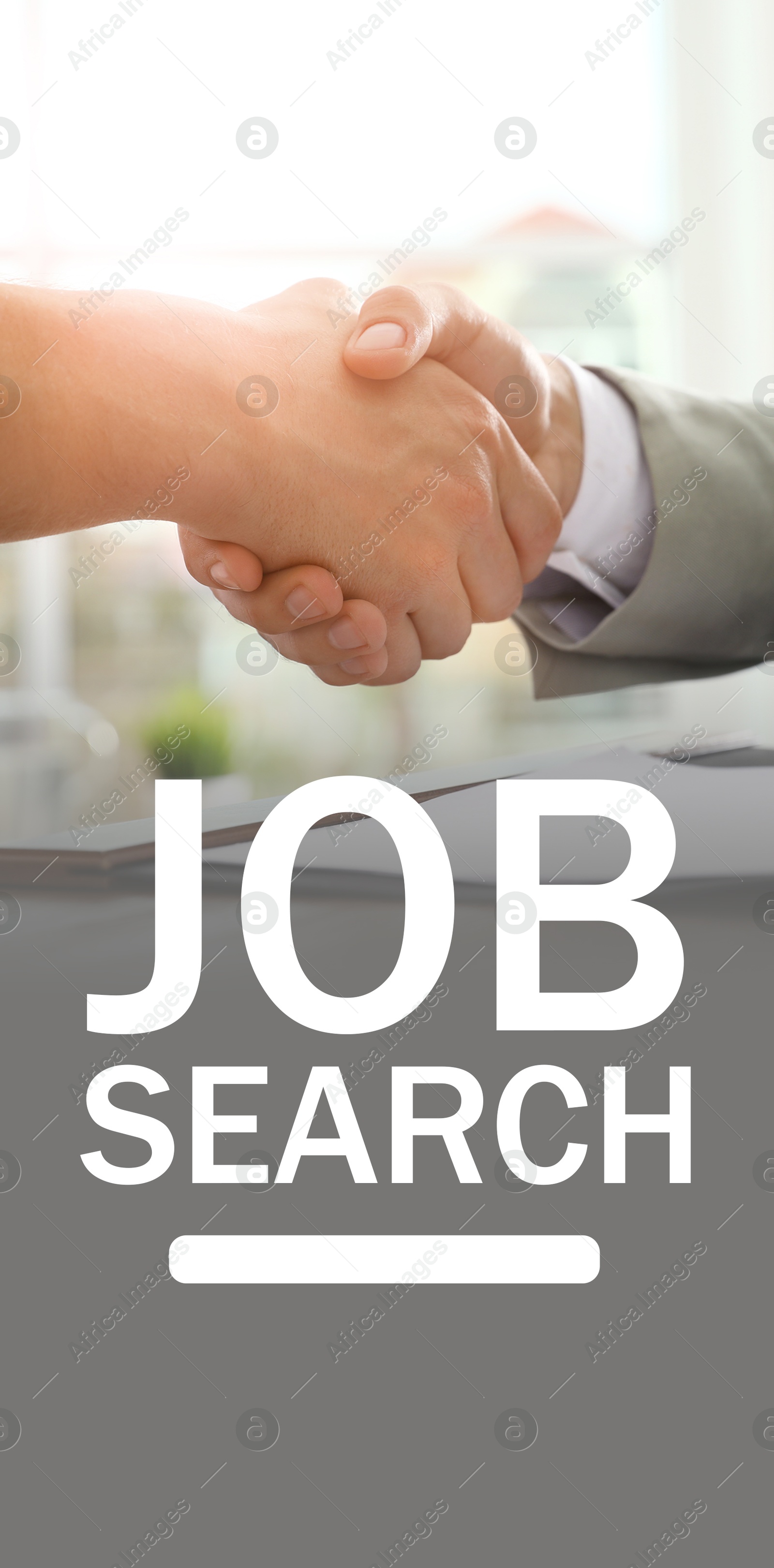 Image of Job search. Vertical poster with people shaking hands and search bar