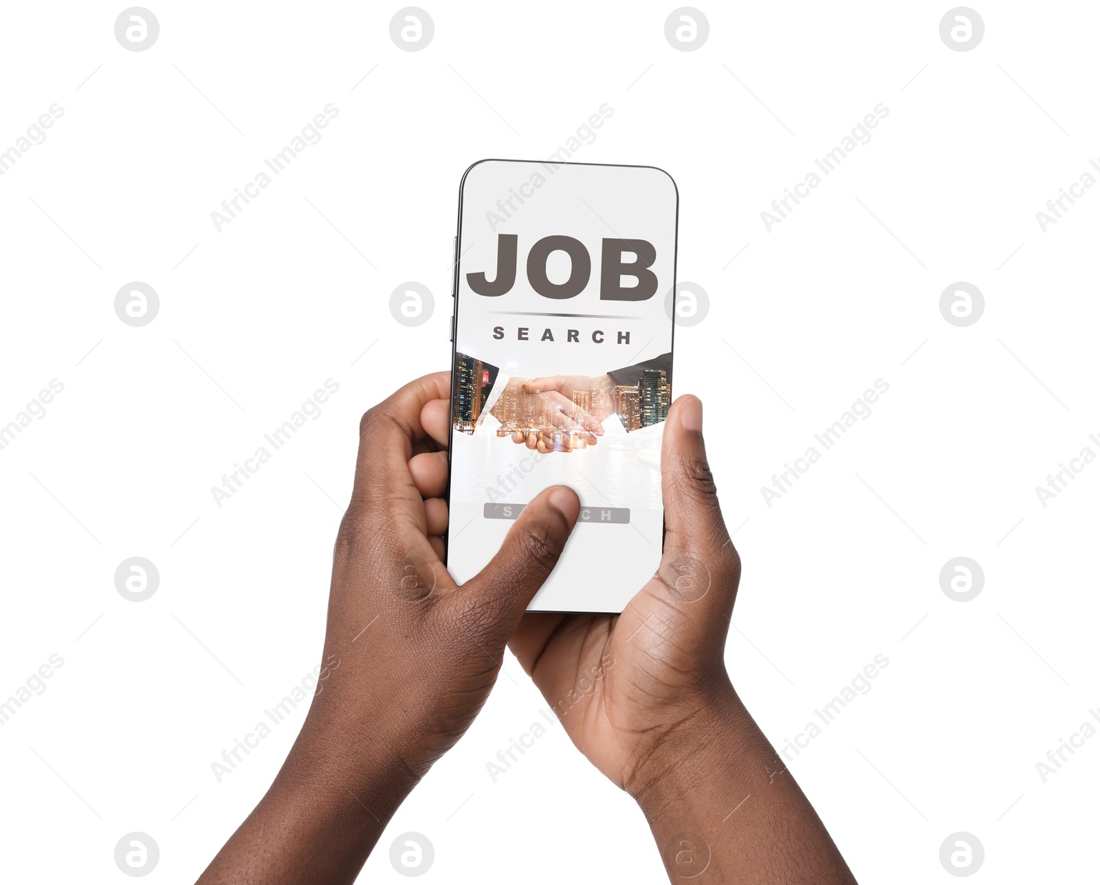 Image of Job search. Man using employment website on mobile phone on white background, closeup