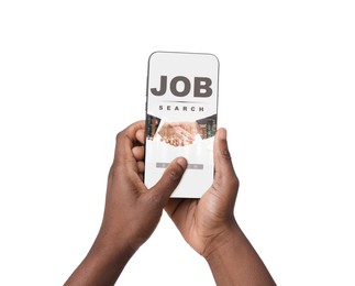 Job search. Man using employment website on mobile phone on white background, closeup