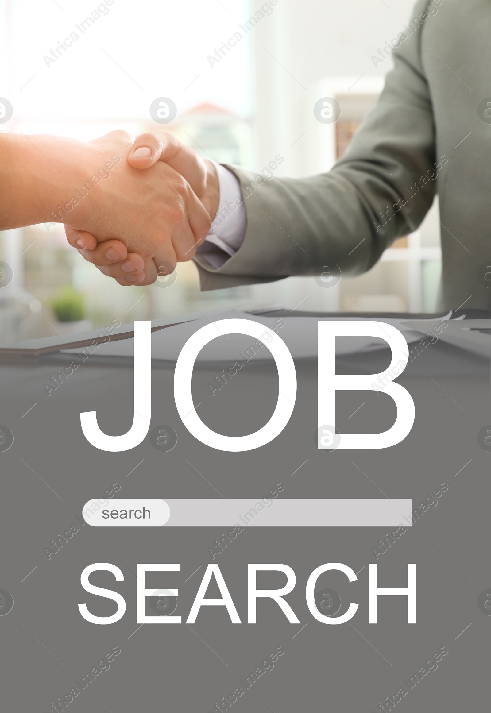 Image of Job search. Vertical poster with people shaking hands and search bar