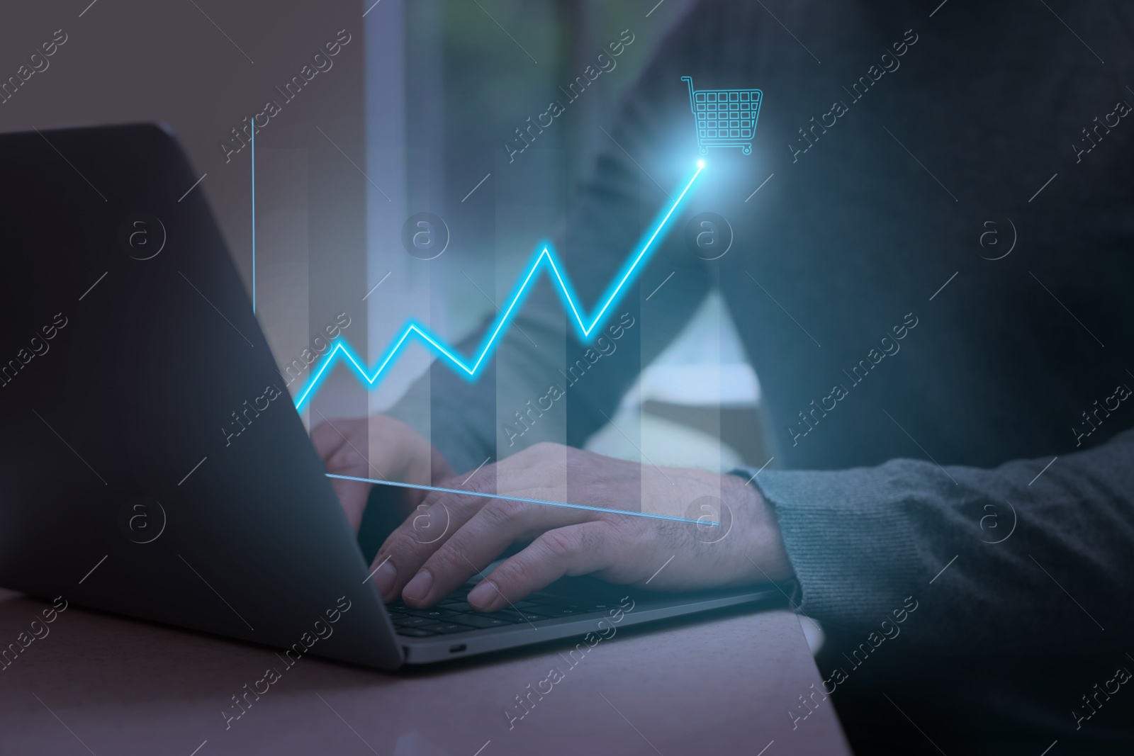 Image of Man tracking price growth using laptop, closeup. Graph over device. Internet shopping concept