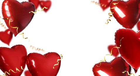 Image of Red heart-shaped balloons on white background, banner design