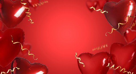 Image of Bright heart-shaped balloons on red background, banner design. Space for text