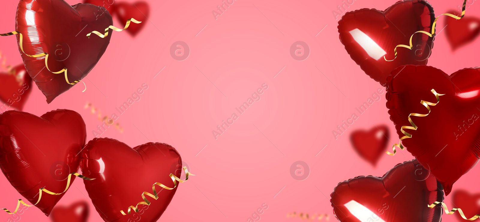 Image of Red heart-shaped balloons on pink background, banner design. Space for text