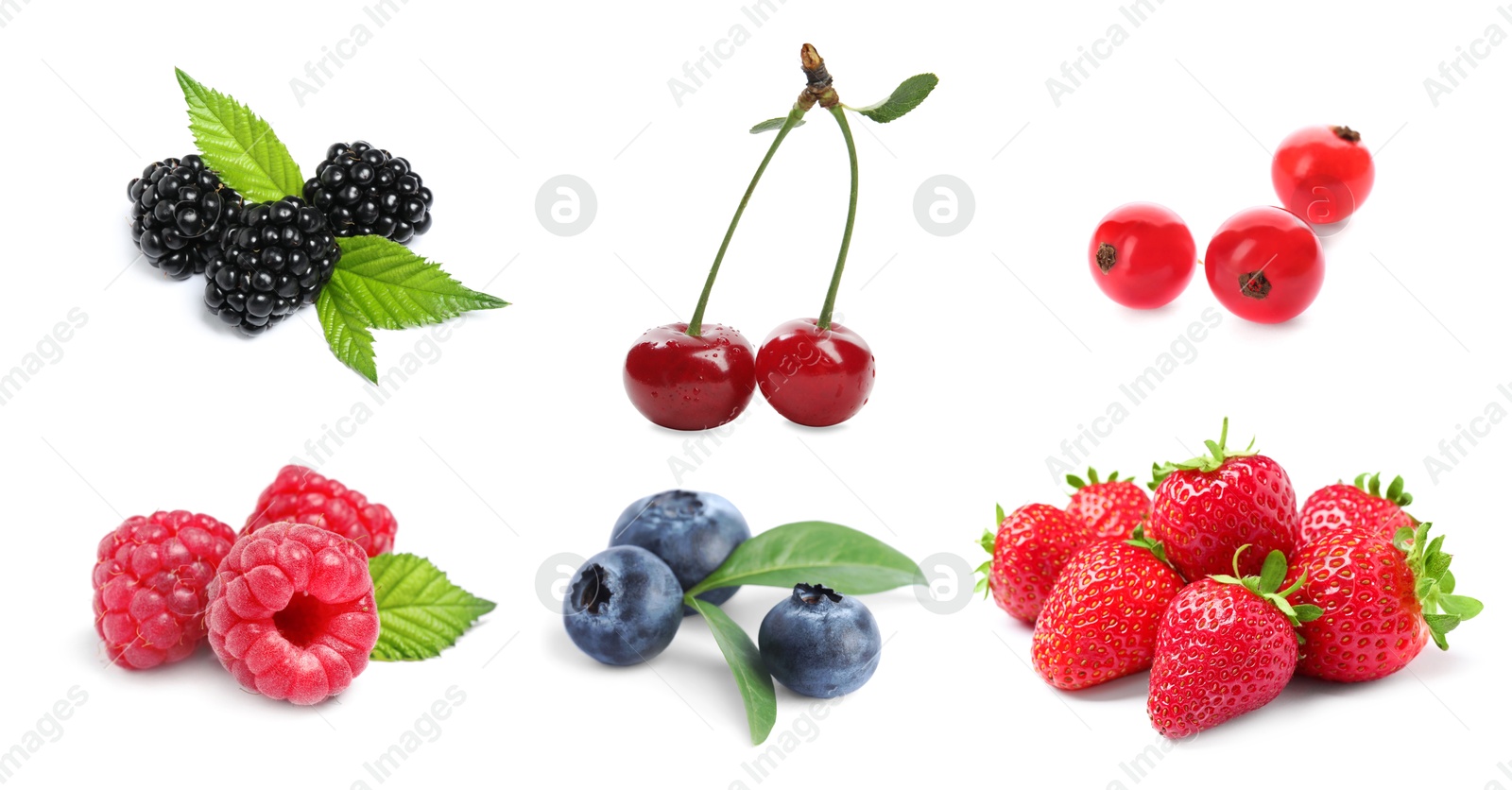 Image of Blueberries, cherries, raspberries, blackberries, strawberries and redcurrant berries isolated on white