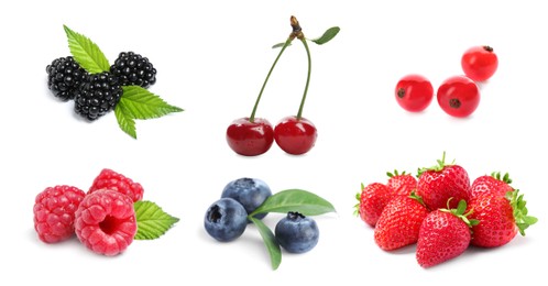 Image of Blueberries, cherries, raspberries, blackberries, strawberries and redcurrant berries isolated on white