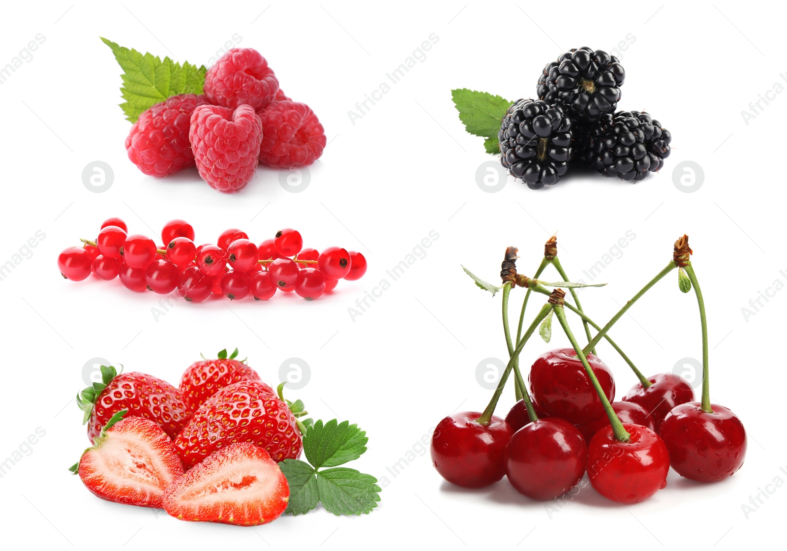 Image of Cherries, raspberries, blackberries, strawberries and redcurrant berries isolated on white