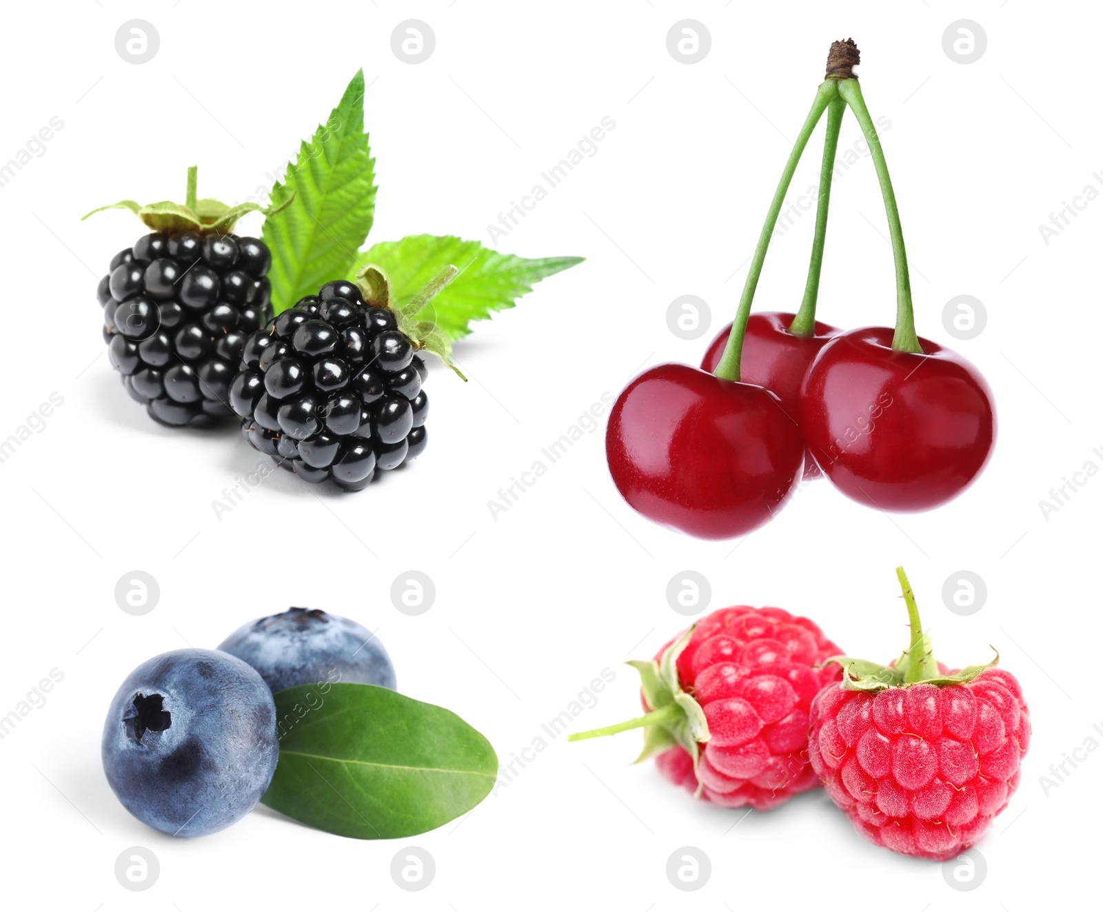 Image of Blueberries, cherries, raspberries and blackberries isolated on white