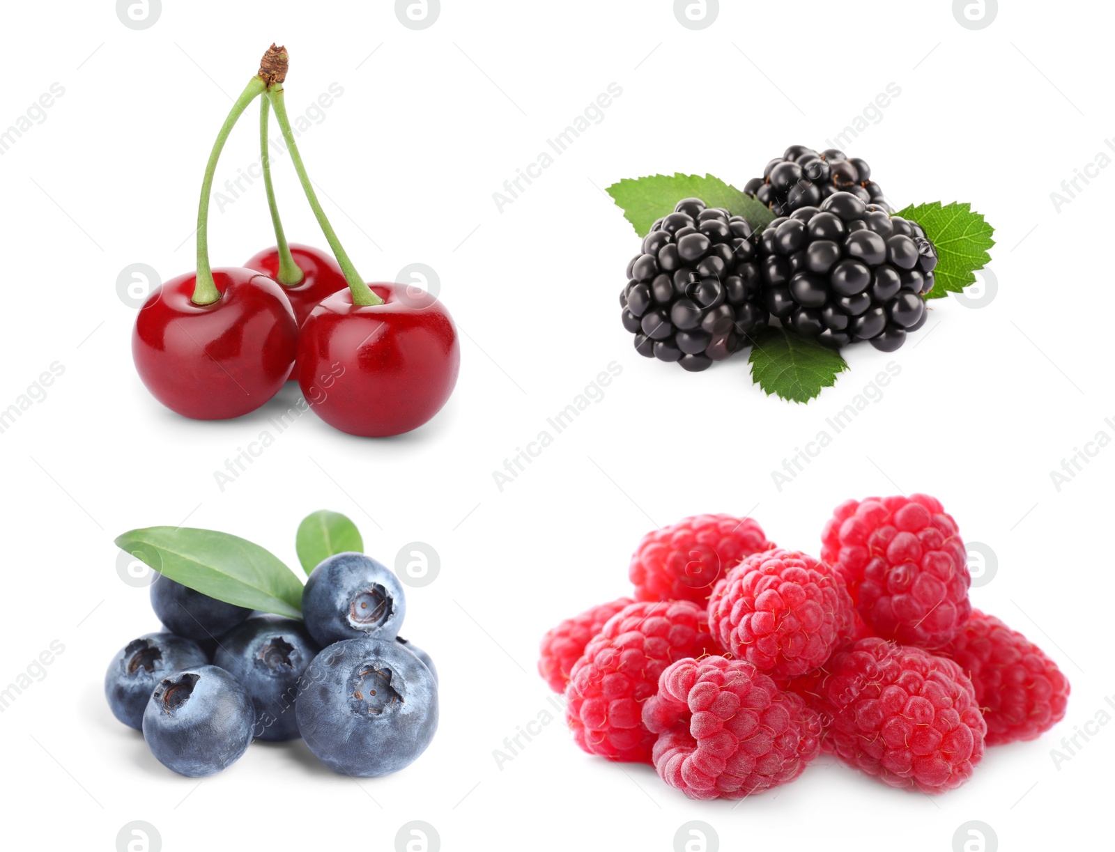 Image of Blueberries, cherries, raspberries and blackberries isolated on white