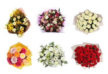 Image of Different bouquets of beautiful flowers isolated on white, set. Top view