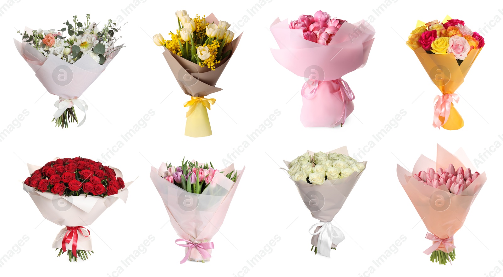 Image of Different bouquets of beautiful flowers isolated on white, set