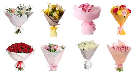 Image of Different bouquets of beautiful flowers isolated on white, set