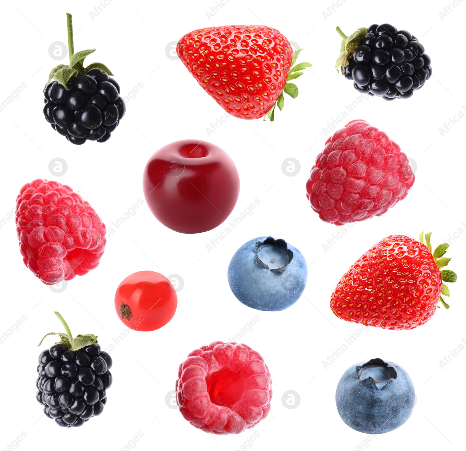 Image of Blueberries, cherry, raspberries, blackberries, strawberries and redcurrant berry isolated on white