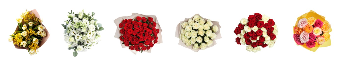 Image of Different bouquets of beautiful flowers isolated on white, set. Top view