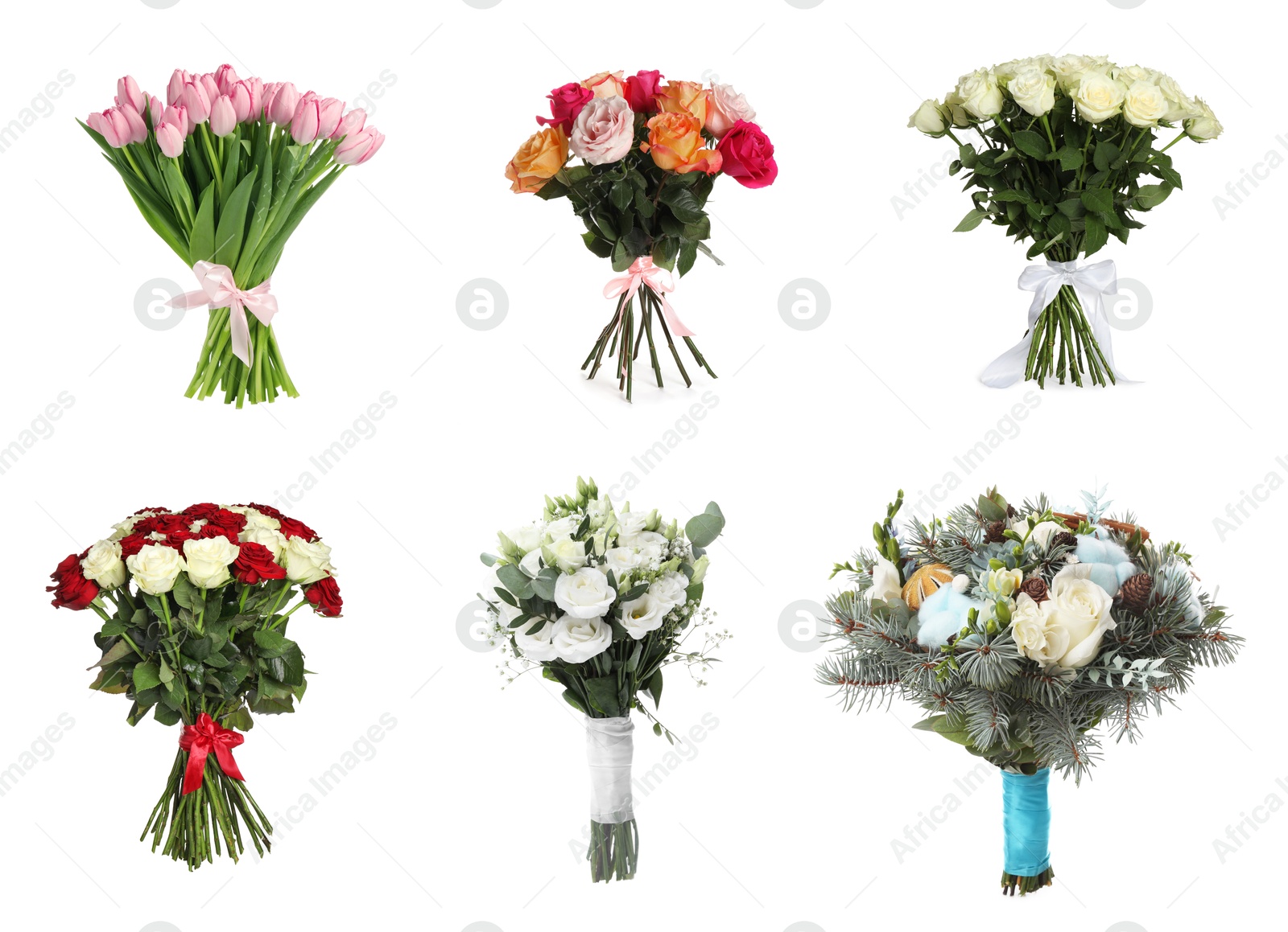 Image of Different bouquets of beautiful flowers isolated on white, set