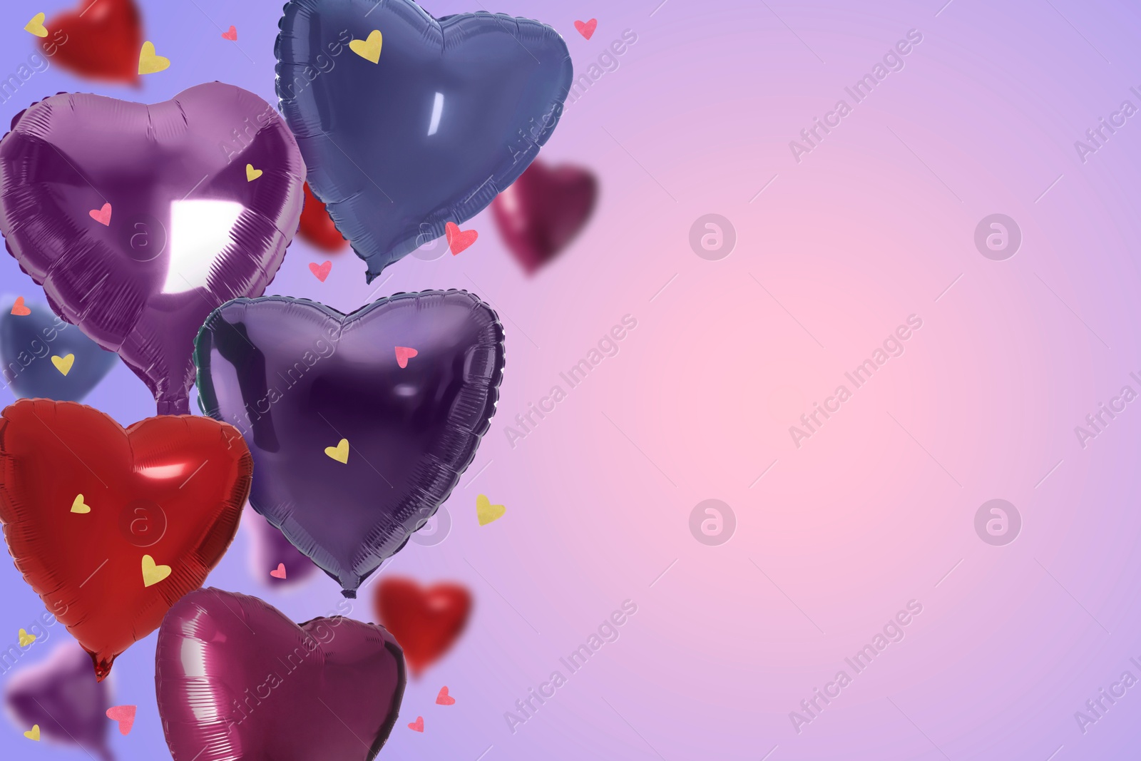 Image of Heart-shaped balloons on pink gradient background, space for text