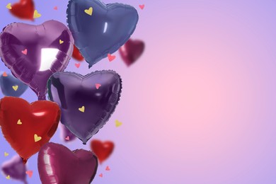 Image of Heart-shaped balloons on pink gradient background, space for text