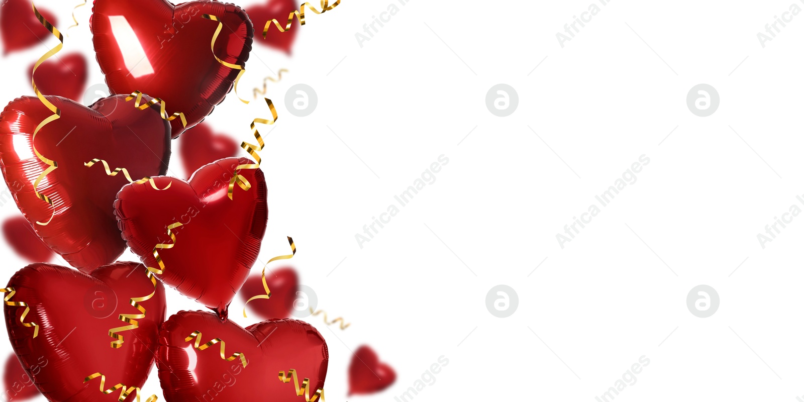 Image of Red heart-shaped balloons on white background, banner design