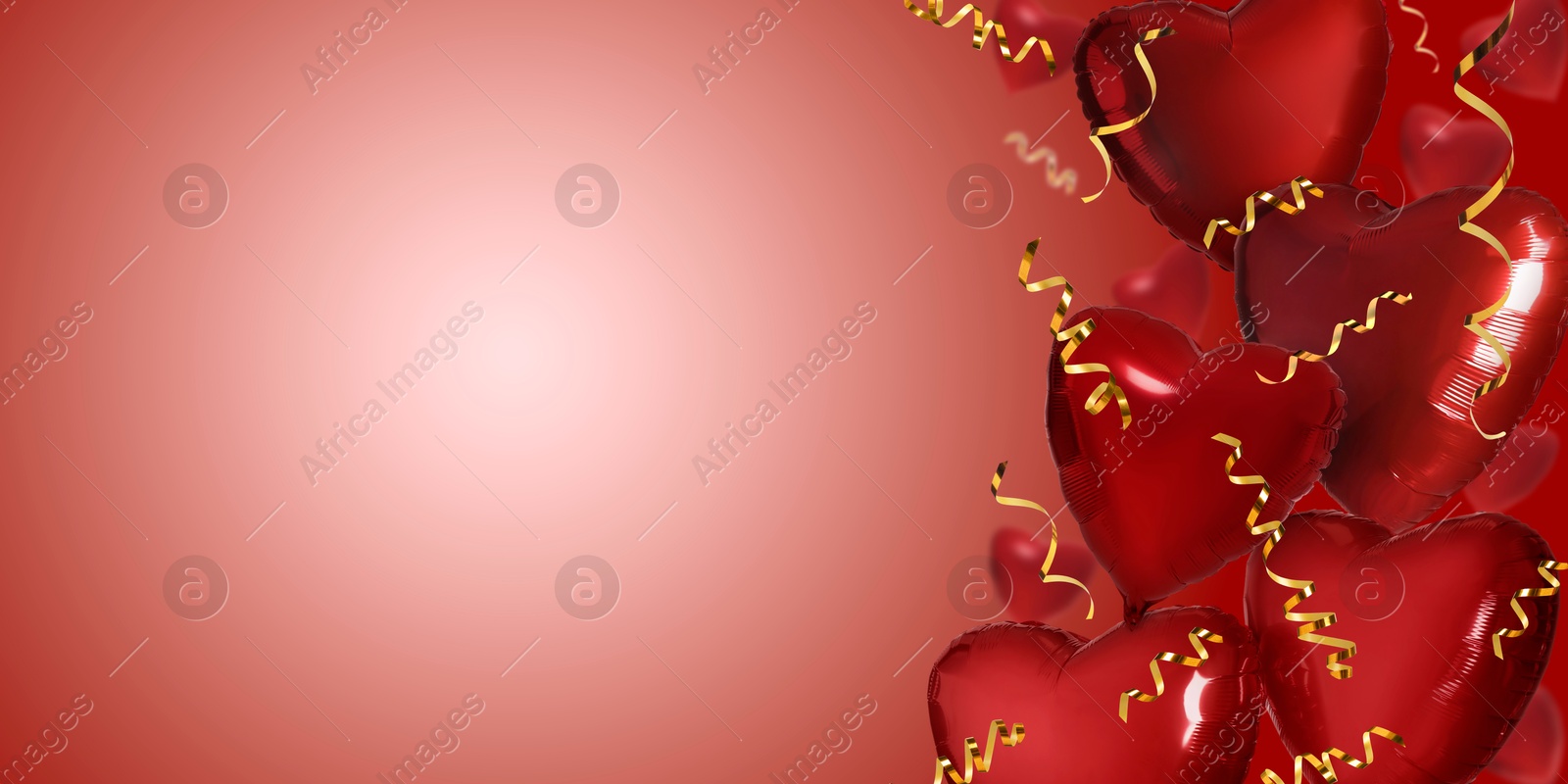 Image of Bright heart-shaped balloons on red gradient background, banner design. Space for text