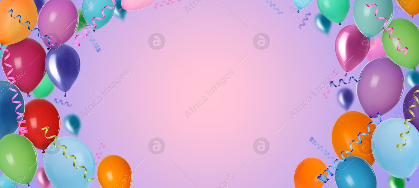 Image of Bright balloons and party streamers on pink gradient background, banner design. Space for text