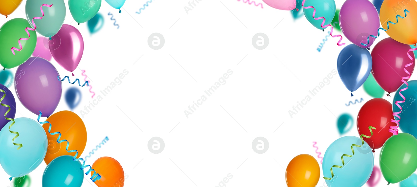 Image of Bright balloons and party streamers on white background, banner design