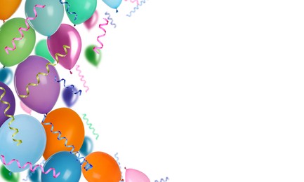 Image of Bright balloons and party streamers on white background, banner design