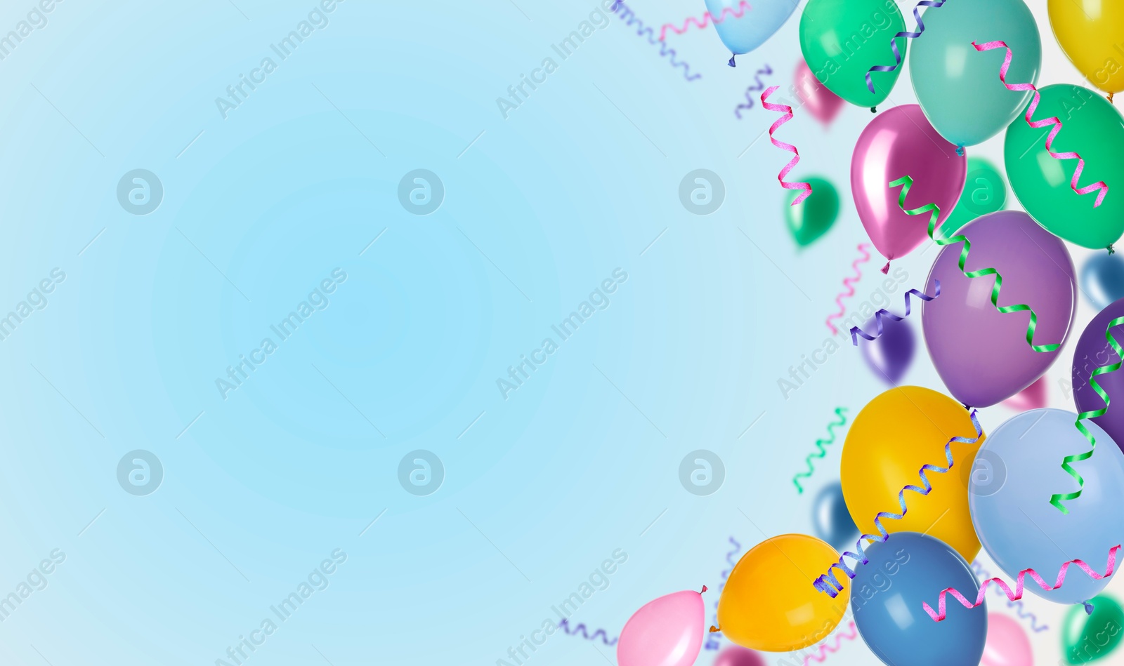 Image of Bright balloons and party streamers on light blue gradient background, banner design. Space for text