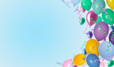 Image of Bright balloons and party streamers on light blue gradient background, banner design. Space for text