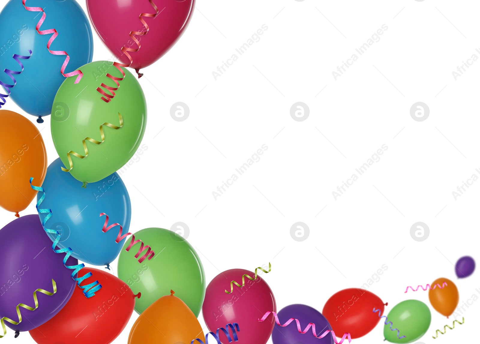 Image of Bright balloons and party streamers on white background