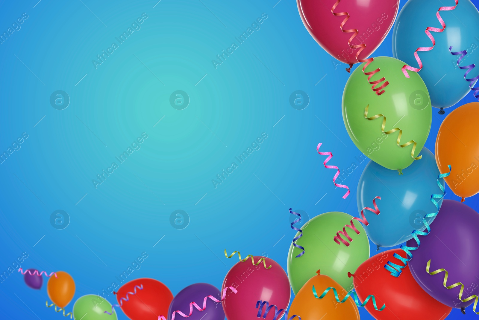 Image of Bright balloons and party streamers on blue gradient background, space for text