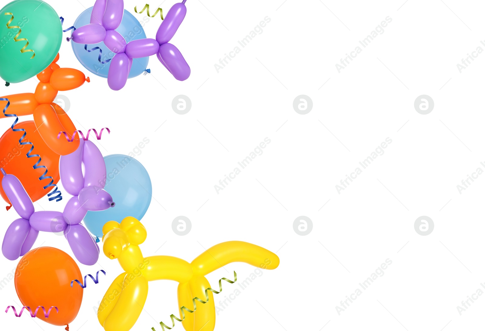 Image of Bright balloons and party streamers on white background