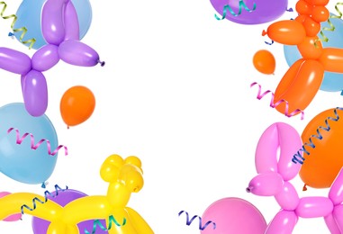 Image of Bright balloons and party streamers on white background