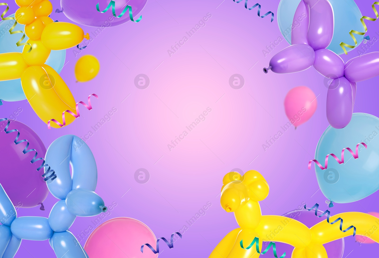 Image of Bright balloons and party streamers on violet gradient background, space for text