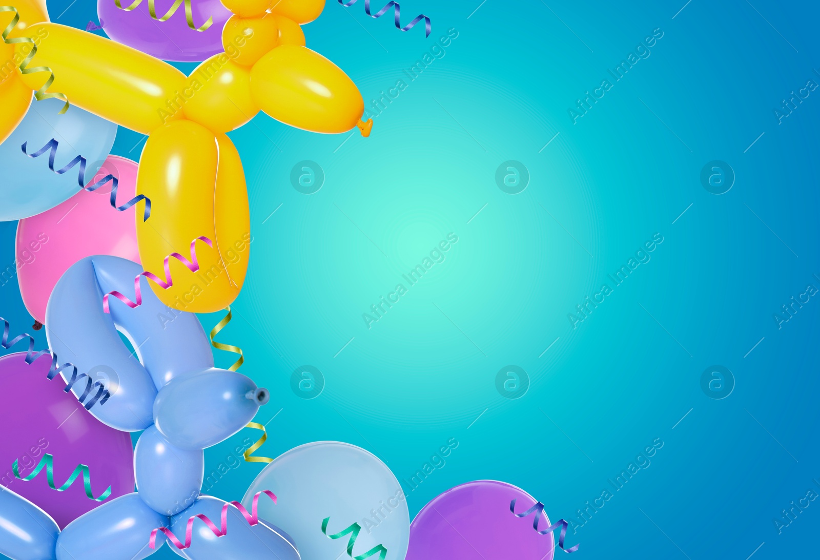 Image of Bright balloons and party streamers on blue gradient background, space for text