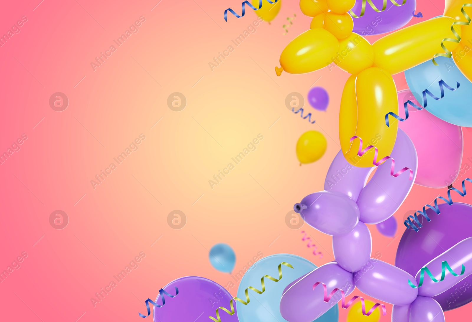 Image of Bright balloons and party streamers on coral gradient background, space for text