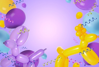 Image of Bright balloons and party streamers on violet gradient background, space for text