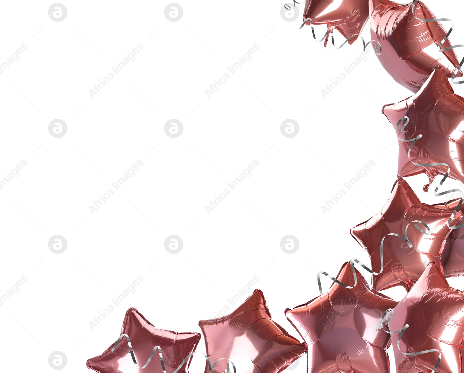 Image of Pink star-shaped balloons and party streamers on white background