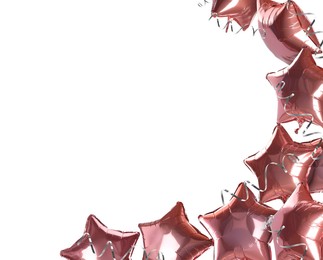 Image of Pink star-shaped balloons and party streamers on white background