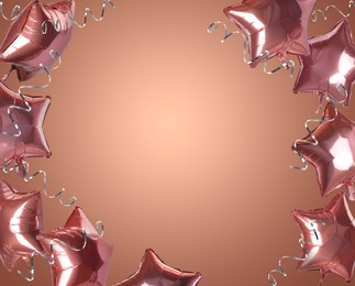 Image of Pink star-shaped balloons and party streamers on mocha mousse background, space for text