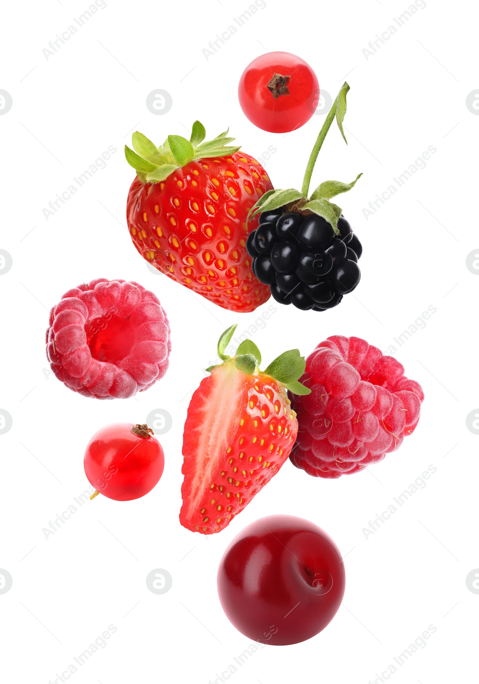 Image of Cherry, raspberries, blackberry, strawberries and redcurrant berries in air on white background