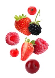 Image of Cherry, raspberries, blackberry, strawberries and redcurrant berries in air on white background