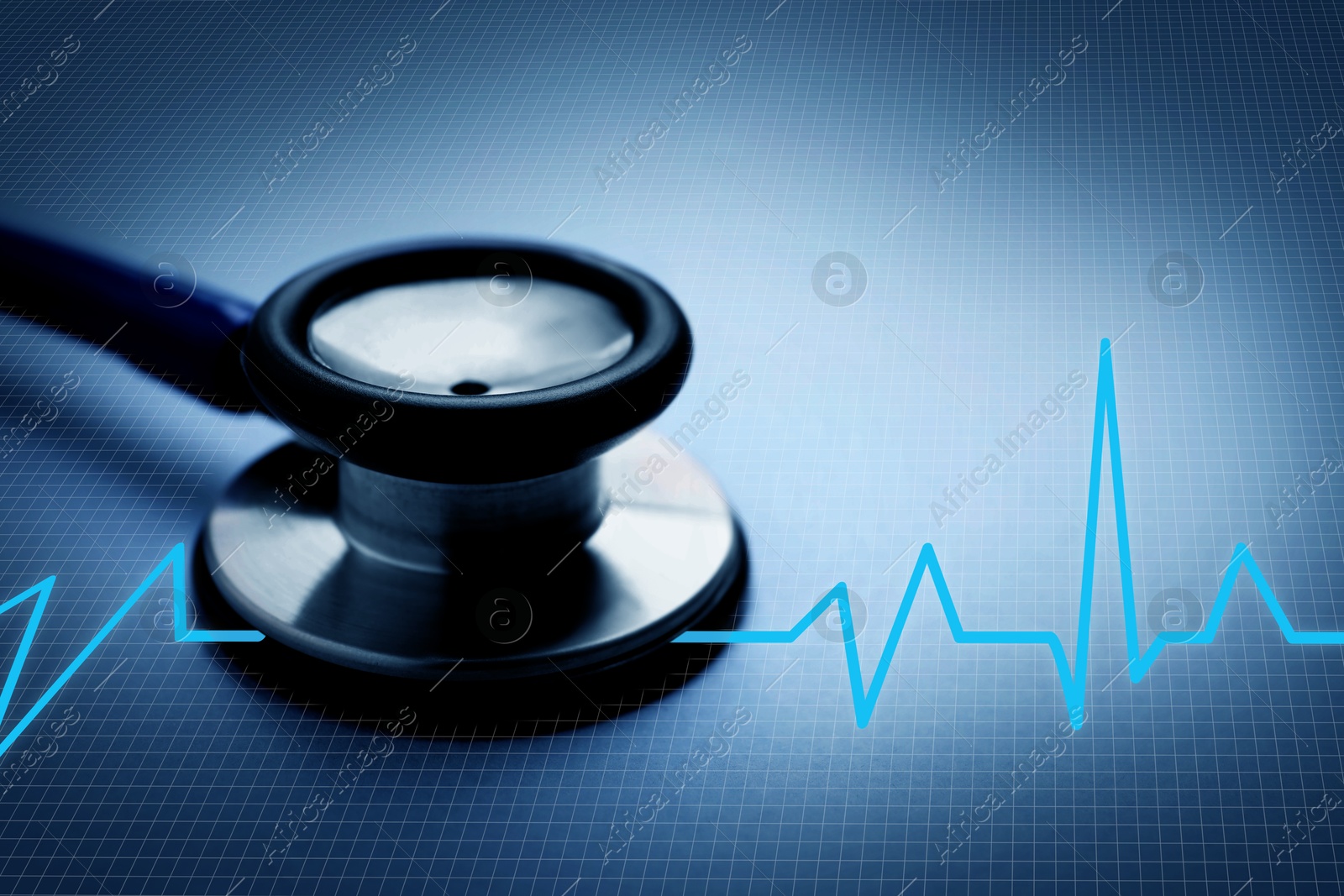 Image of Stethoscope and heartbeat line on blue gradient background, closeup. Healthcare concept