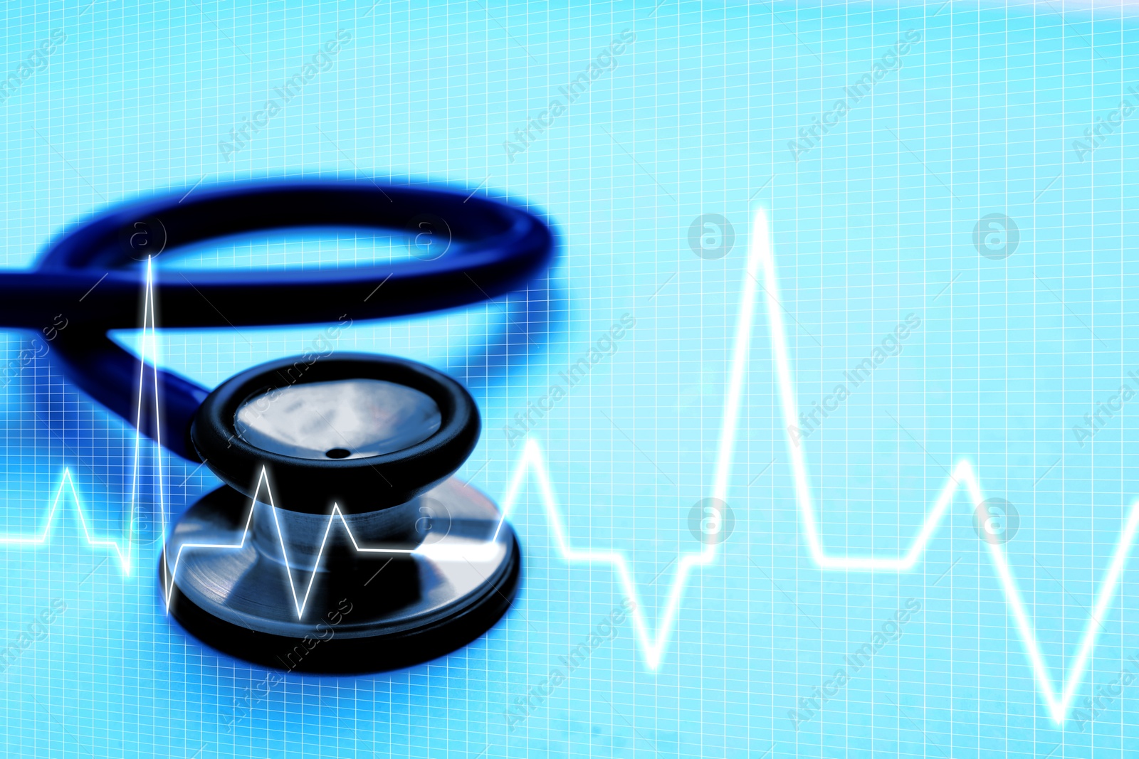 Image of Stethoscope and heartbeat line on light blue background, closeup. Healthcare concept